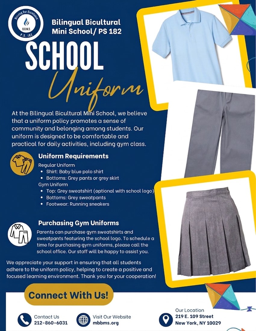 P.S. 182 school uniform flyer in English, showing the baby blue polo with grey bottoms and the grey gym uniform.
