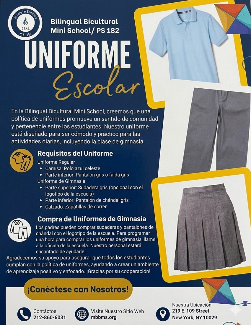 Volante del uniforme escolar de P.S. 182 en español, con la camisa polo azul claro y el uniforme gris de gimnasia.
